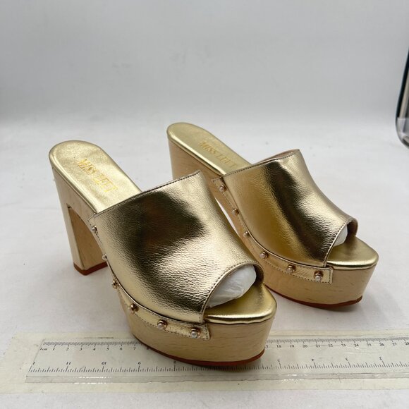 miss left Light Gold Platform Chunky High Heel Mules Open Toe Studded Sandals - Picture 4 of 8